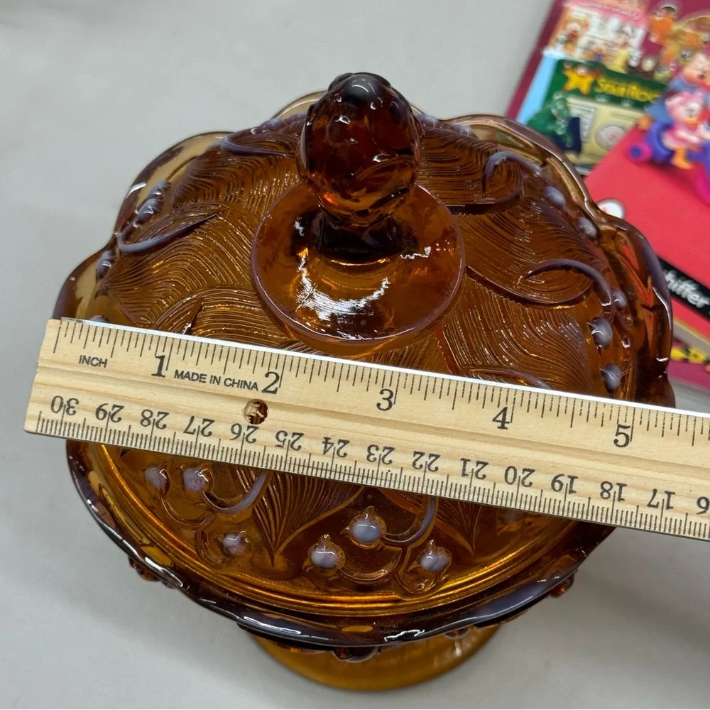 Vintage Fenton Amber Opalescent Lily of the Valley Lidded Pedestal Candy Dish